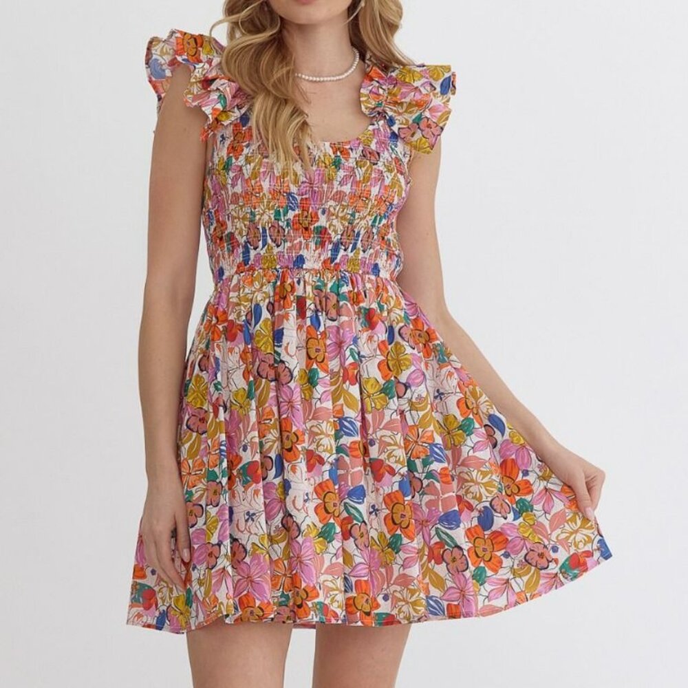 NWT Entro Blooming Beauty Floral Mini Dress with Ruffle Detail And Smocked Bodic